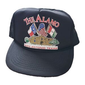 Vintage 90s The Alamo Adult Black Trucker Snapback Hat Cap San Antonio Texas